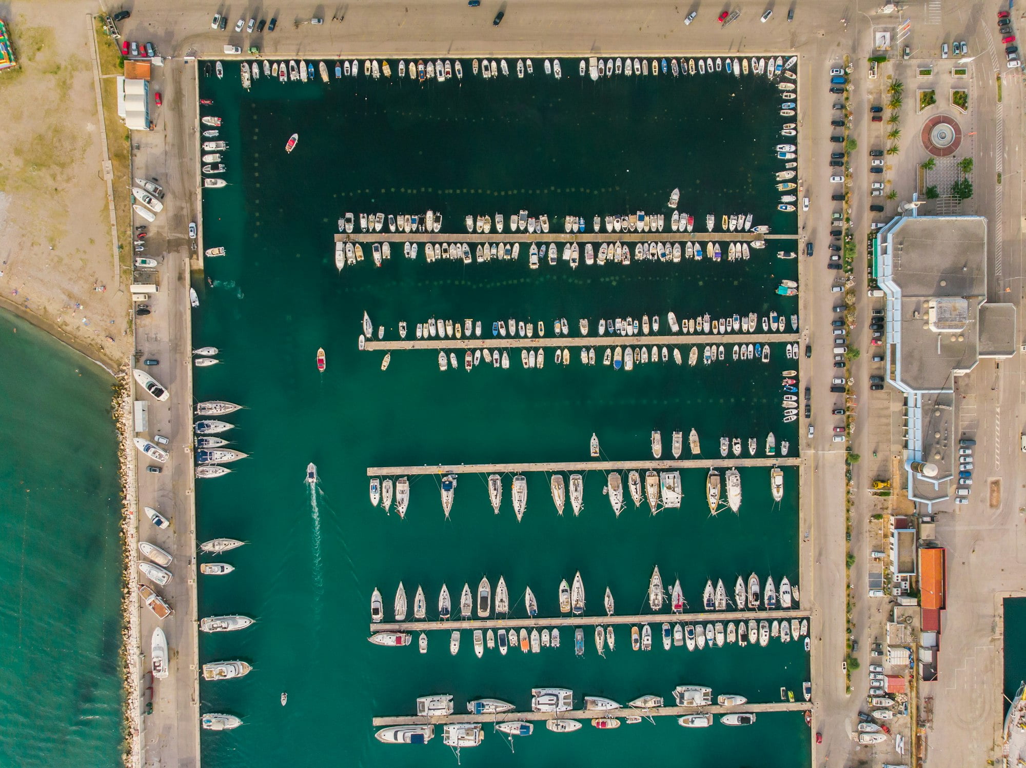 Aerial view of marina in Bar in Montenegro. Harbor for yacht and port concept