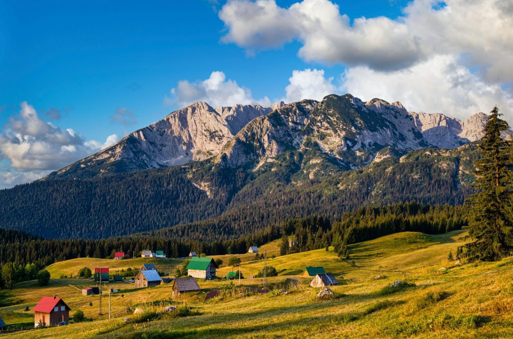 Mesmerizing view of houses in mountains in Durmitor National Park, Montenegro