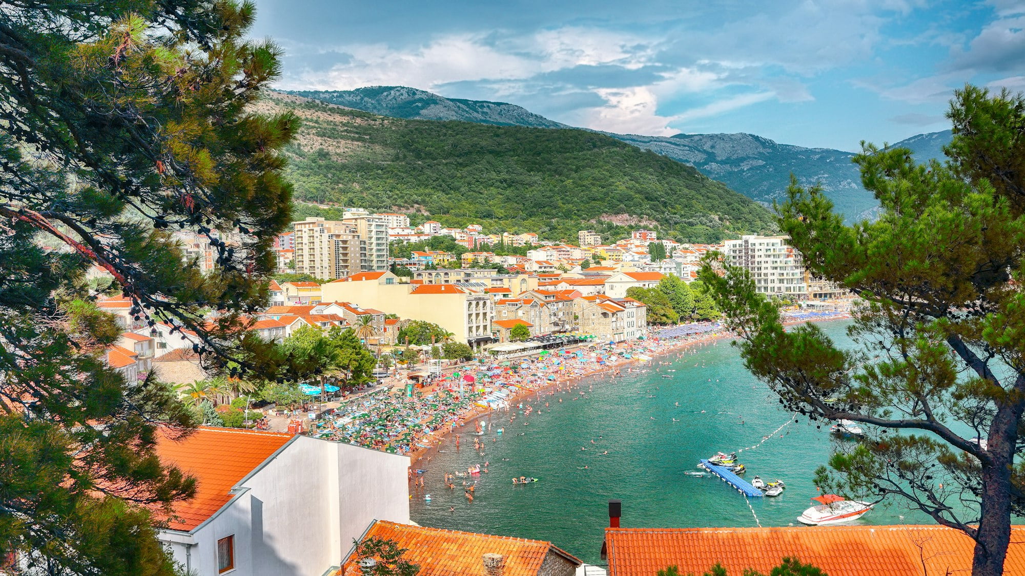 Promenade and main beach of Petrovac in Montenegro.