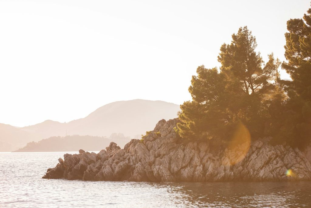 Rocky seashore, beach with green pine trees at sunset. Nature of Montenegro. Texture background